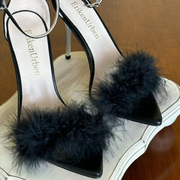 Eriken Urben WOMEN'S STRAPPY BLACK HEELS WITH FEATHERS Size 8 - Picture 7 of 15